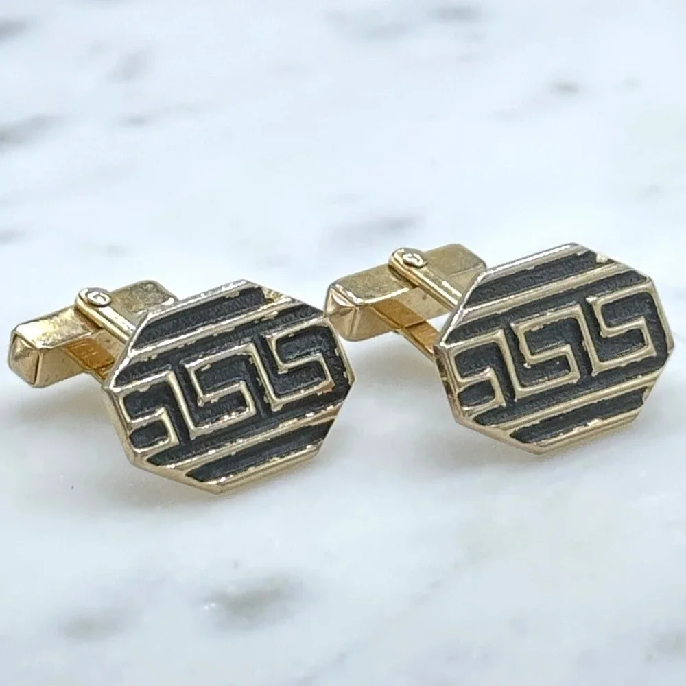 Vintage SWANK Gold Tone & Black Meander Greek Pattern Bullet Back Cufflinks